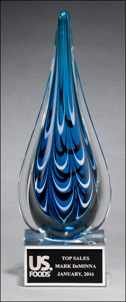 Blue and black teardrop shaped art glass award 2220