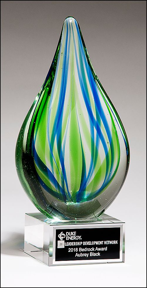 Droplet-Shaped Blue and Green Art Glass Award with Clear Glass Base 2266