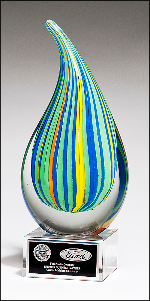 Droplet-Shaped Multi-Color Art Glass Award with Clear Glass Base 2277