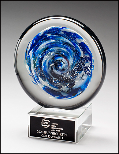 Blue and White Disc Art Glass Award with Clear Glass Base 2294