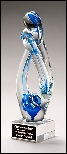 Contemporary Art Glass Sculpture with Blue Accent on Clear Glass Base 2297