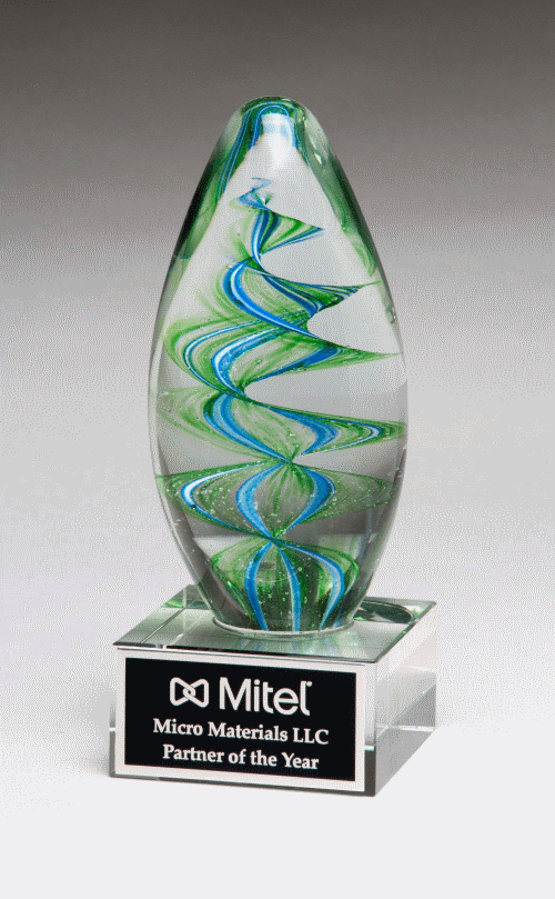 Egg Shaped Art Glass Award Blue and Green Helix Design and Clear Glass Base 2302