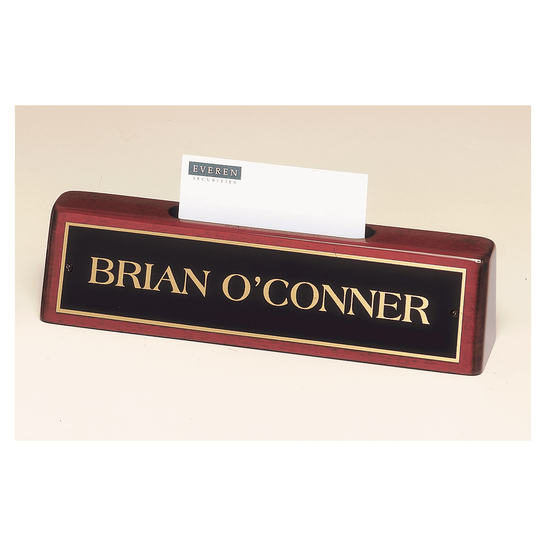 541 - 8 1/4" x 2" x 1 1/4" Rosewood Piano Finish Nameplate with Business Card Holder with Black Plate