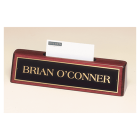 541 - 8 1/4" x 2" x 1 1/4" Rosewood Piano Finish Nameplate with Business Card Holder with Black Plate