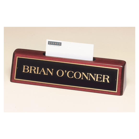 541 - 8 1/4" x 2" x 1 1/4" Rosewood Piano Finish Nameplate with Business Card Holder with Black Plate