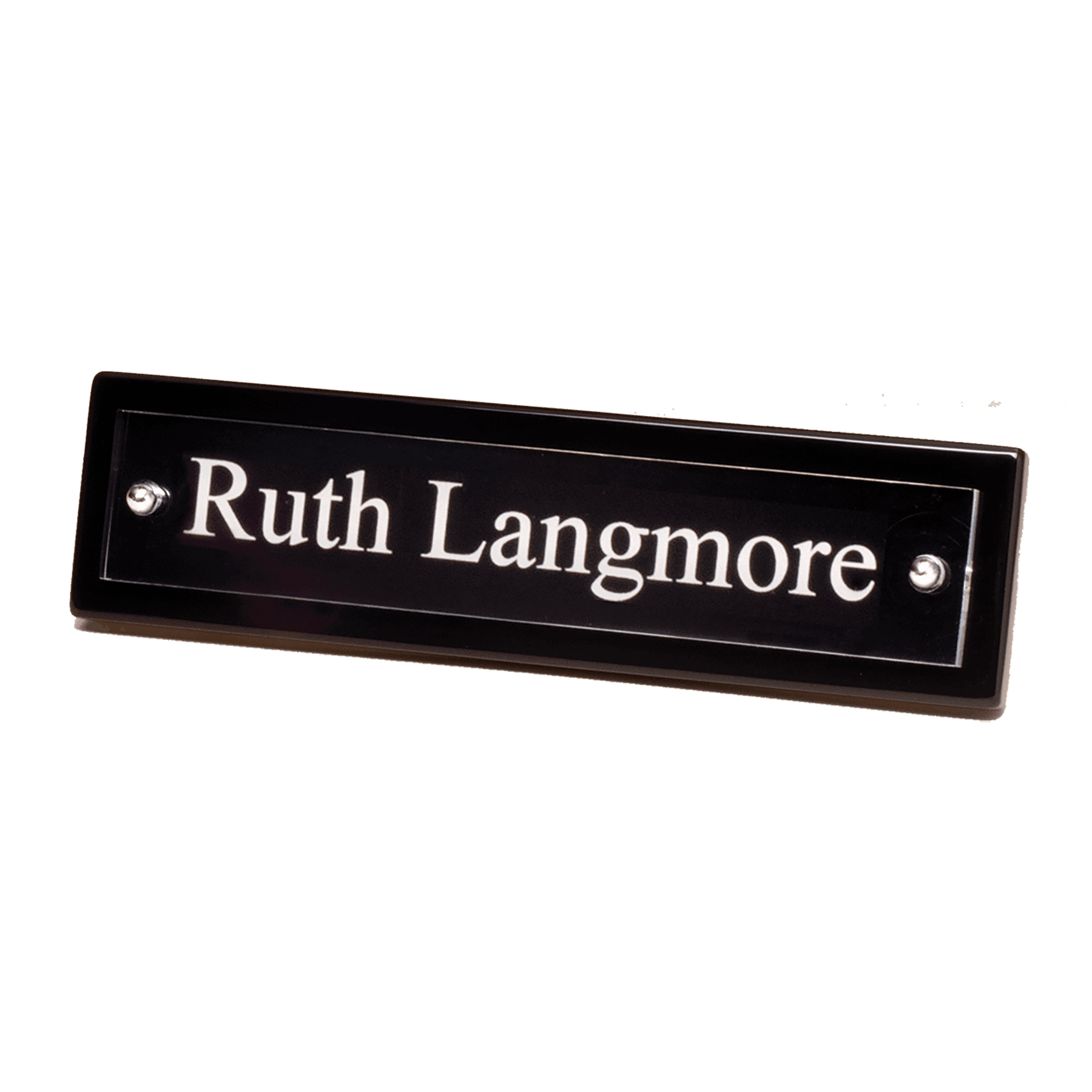 591 - 9 1/4" x 2 1/8" Black Piano Finish Nameplate with Acrylic Engraving Plate, Two Silver Posts

