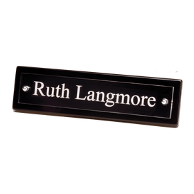 591 - 9 1/4" x 2 1/8" Black Piano Finish Nameplate with Acrylic Engraving Plate, Two Silver Posts

