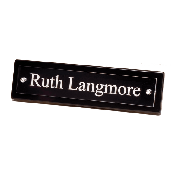591 - 9 1/4" x 2 1/8" Black Piano Finish Nameplate with Acrylic Engraving Plate, Two Silver Posts

