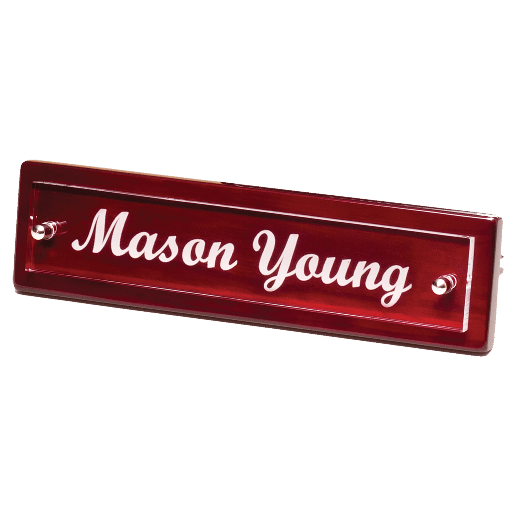 598 - 9 1/4" x 2 1/8" Rosewood Piano Finish Nameplate with Acrylic Engraving Plate, Two Silver Posts