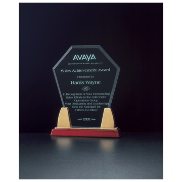 A6542 - 7 1/2" x 8 3/4" Diamond Series Jade Acrylic with Rosewood Piano Finish Base,Gold Metal Accents