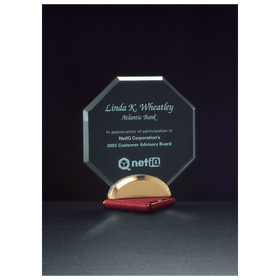 A6546 - 6" x 6 1/2" Octagon Series Jade Acrylic with Rosewood Piano Finish Base, Gold Metal Accent