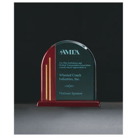 A6575 - 7 1/2" x 7 7/8" Arch Series Jade Acrylic with Rosewood Piano Finish Base, Gold Metal Accents