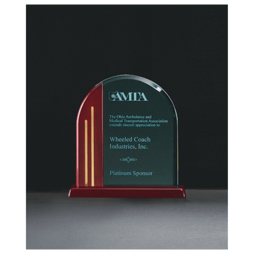 A6575 - 7 1/2" x 7 7/8" Arch Series Jade Acrylic with Rosewood Piano Finish Base, Gold Metal Accents