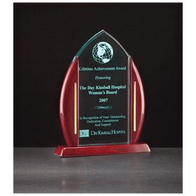 A6802 - 7 1/2" x 9 5/8" Flame Jade Acrylic with Rosewood Piano Finish Base and Posts, Gold Metal Accents