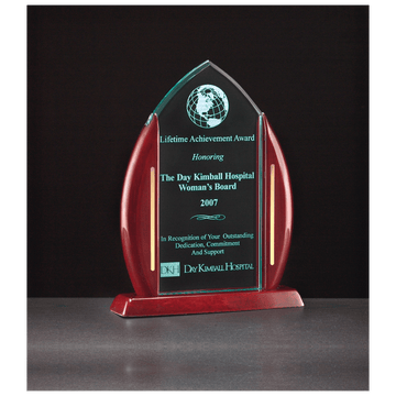 A6802 - 7 1/2" x 9 5/8" Flame Jade Acrylic with Rosewood Piano Finish Base and Posts, Gold Metal Accents