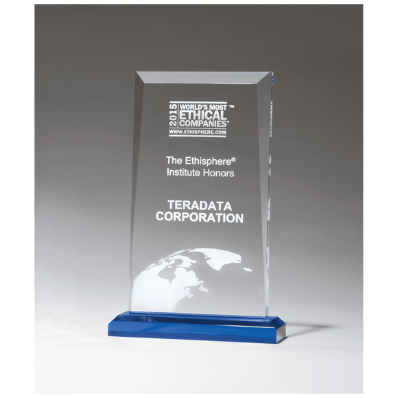 A6985 - 6 x 9 3/4" Apex Series Clear Acrylic Award with Blue Highlights and Blue Base