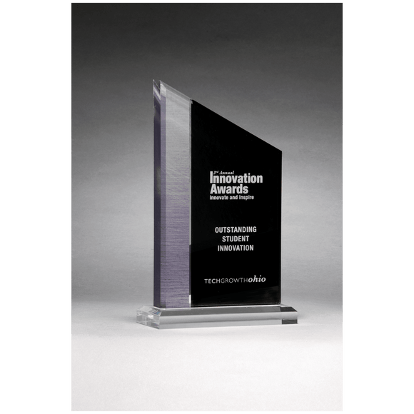 A7062 - 6" x 9" Digitally Printed Brushed Silver Accent on Black Upright Acrylic with Clear Base