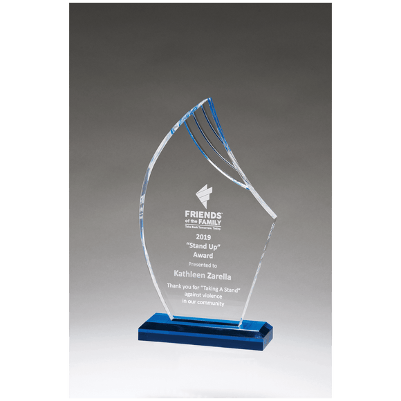 A7133 - 5 1/2 x 9 3/4" Flame Series Clear Acrylic with Blue Accents and Matching Blue Acrylic Base