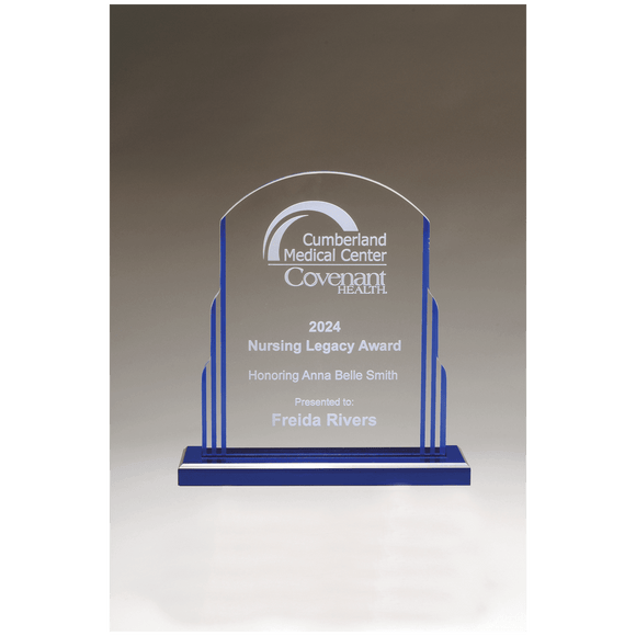 A7200 - 7" x 7 1/2" Art Deco Style Acrylic with Blue Accents and Blue Mirror Top Base