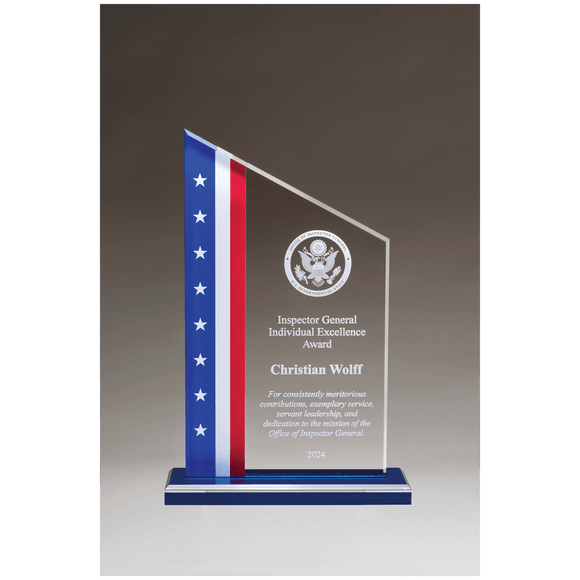 A7209 - 6 3/4" x 10 3/4" Zenith Series Acrylic with American Flag Design, Blue Mirror Top Base