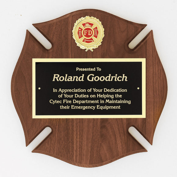 Genuine Walnut Maltese Cross Plaque with Fire Department 2" Emblem 12x12