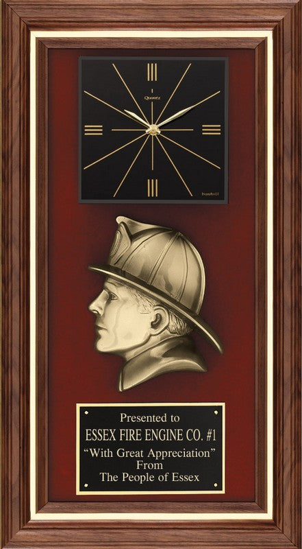 13 X 24 Maroon Velvet Fireman Plaque with Clock in Frame