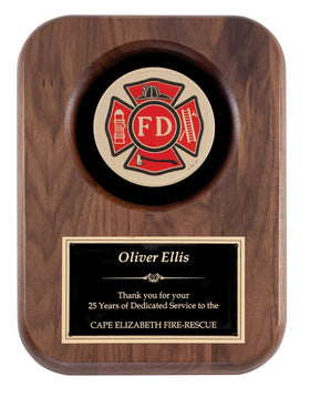 Genuine Walnut Plaque with 4" Fire Department Insignia