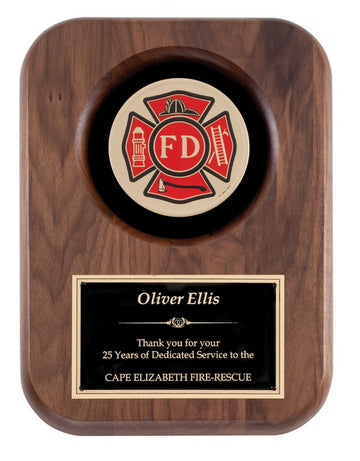 Genuine Walnut Plaque with 4" Fire Department Insignia