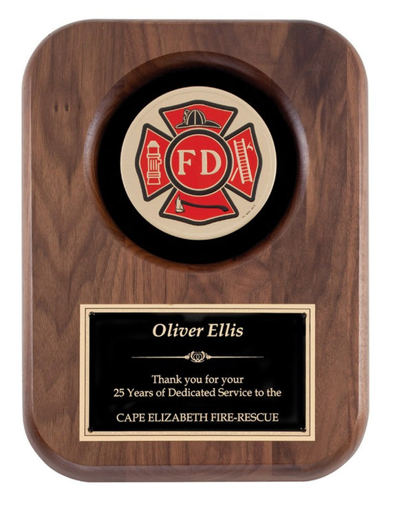 Genuine Walnut Plaque with 4" Fire Department Insignia