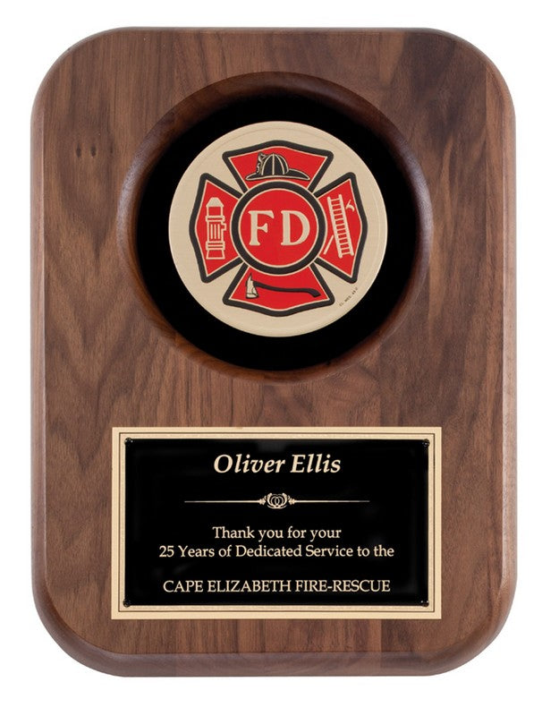 Genuine Walnut Plaque with 4" Fire Department Insignia