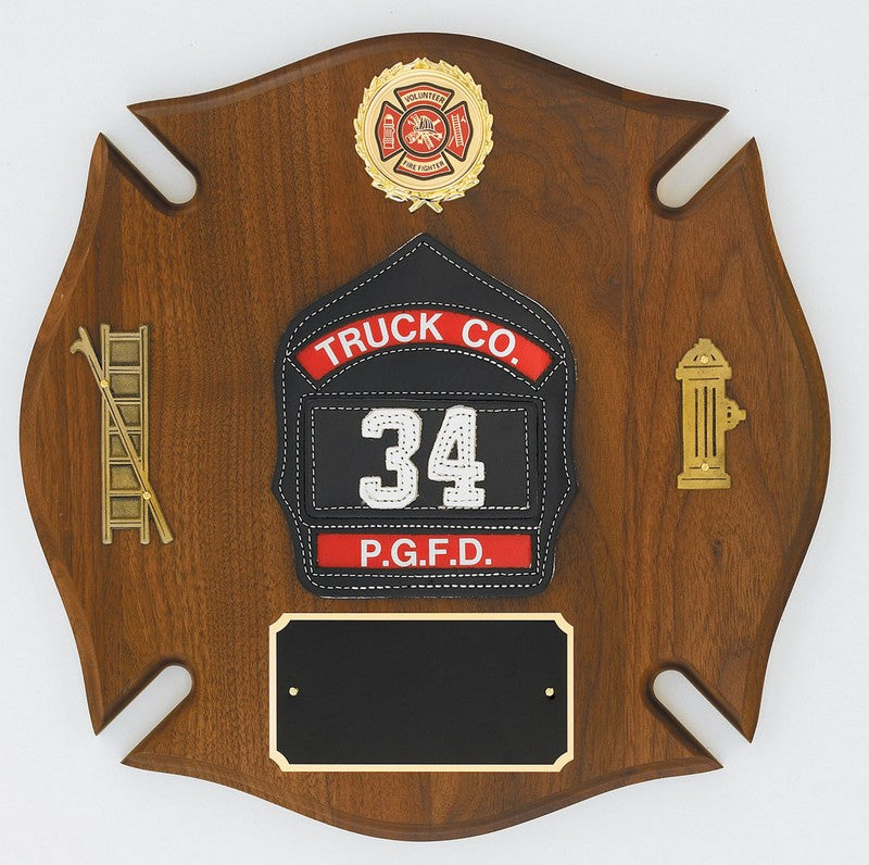 Genuine Walnut Maltese Cross Plaque with Fire Department Shield 14x14