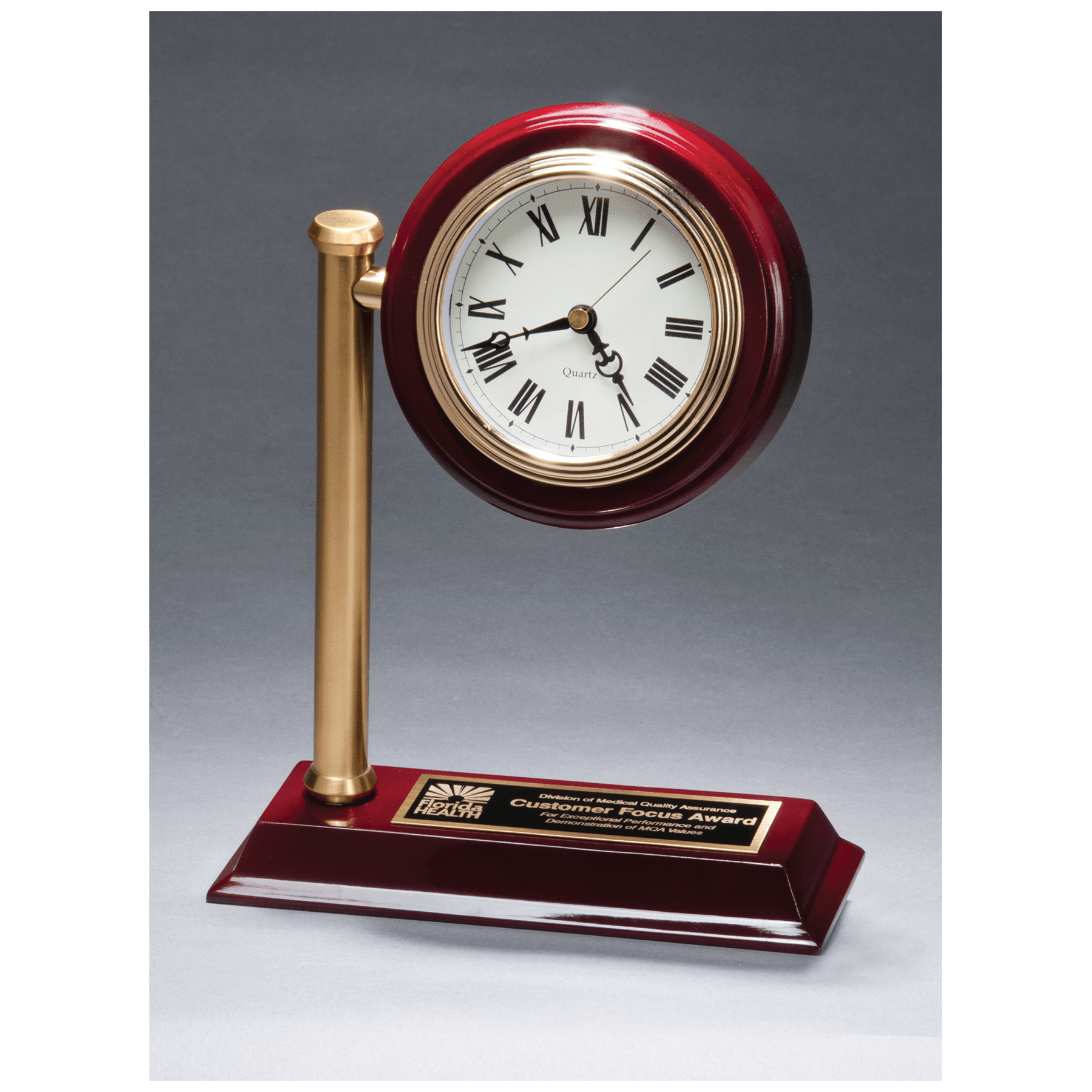 BC1000 - 7" x 9" Rail Station Style Desk Clock on Rosewood Finish High Gloss Base, Black Plate