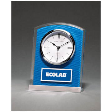 BC1007 - 5" x 6 1/2" Glass Clock with Blue Carbon Fiber Design on Aluminum Base and Laser Engravable Plate