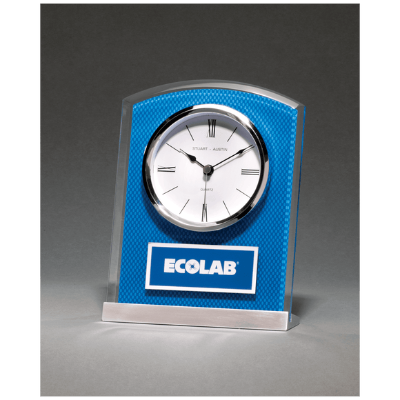 BC1007 - 5" x 6 1/2" Glass Clock with Blue Carbon Fiber Design on Aluminum Base and Laser Engravable Plate