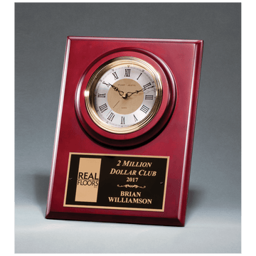 BC1014 - 9" x 12" Cherry Finish Clock with 3 Hand Movement, Shelf Stand or Wall Mount with Black Laserable Plate