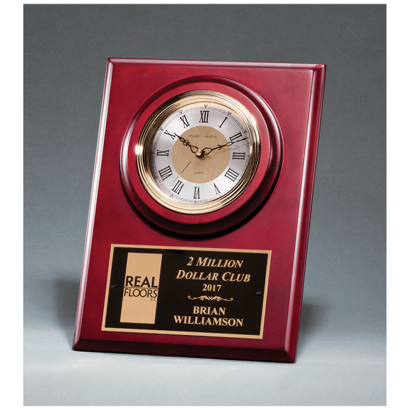 BC1014 - 9" x 12" Cherry Finish Clock with 3 Hand Movement, Shelf Stand or Wall Mount with Black Laserable Plate