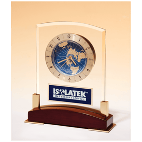 BC1020 - 6" x 7 3/4" Glass Clock with World Time Dial on Piano Finish Base, Blue Aluminm Plate