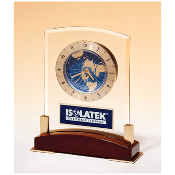 BC1020 - 6" x 7 3/4" Glass Clock with World Time Dial on Piano Finish Base, Blue Aluminm Plate