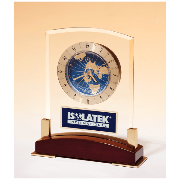 BC1020 - 6" x 7 3/4" Glass Clock with World Time Dial on Piano Finish Base, Blue Aluminm Plate