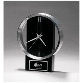 BC1025 - 5 5/8" x 7 3/4" Modern Design Clock with Brushed Silver Bezel, Black High Gloss Base, Black Plate
