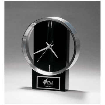BC1025 - 5 5/8" x 7 3/4" Modern Design Clock with Brushed Silver Bezel, Black High Gloss Base, Black Plate