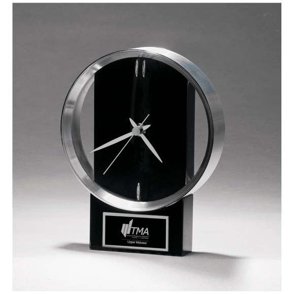 BC1025 - 5 5/8" x 7 3/4" Modern Design Clock with Brushed Silver Bezel, Black High Gloss Base, Black Plate