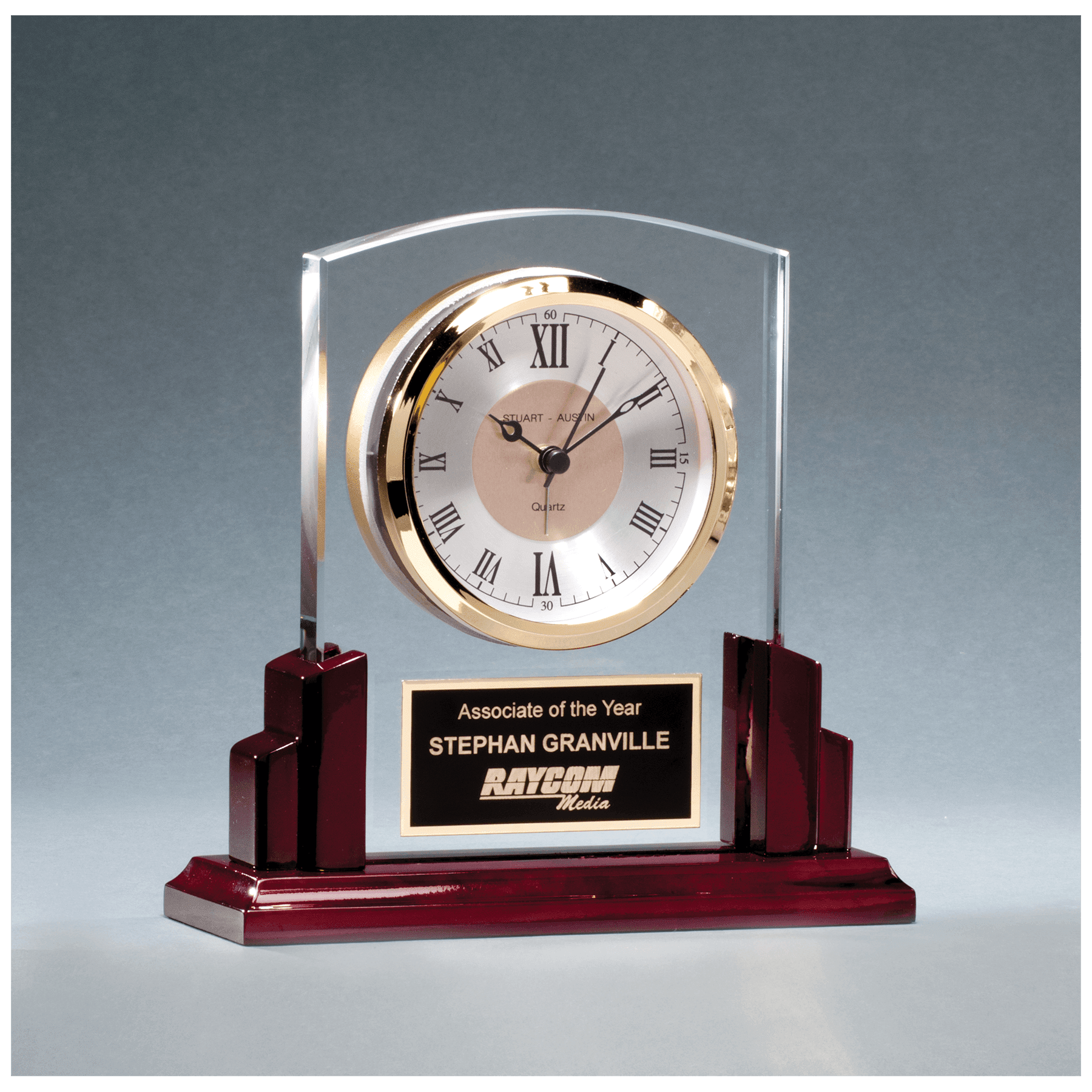 BC1028 - 6 5/8" x 6 1/2" Glass Clock with Rosewood High Gloss Base, Black Aluminum Plate