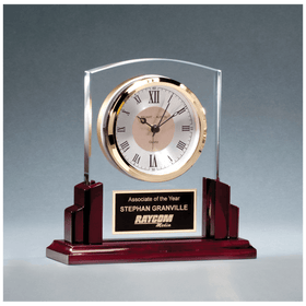 BC1028 - 6 5/8" x 6 1/2" Glass Clock with Rosewood High Gloss Base, Black Aluminum Plate