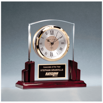 BC1028 - 6 5/8" x 6 1/2" Glass Clock with Rosewood High Gloss Base, Black Aluminum Plate