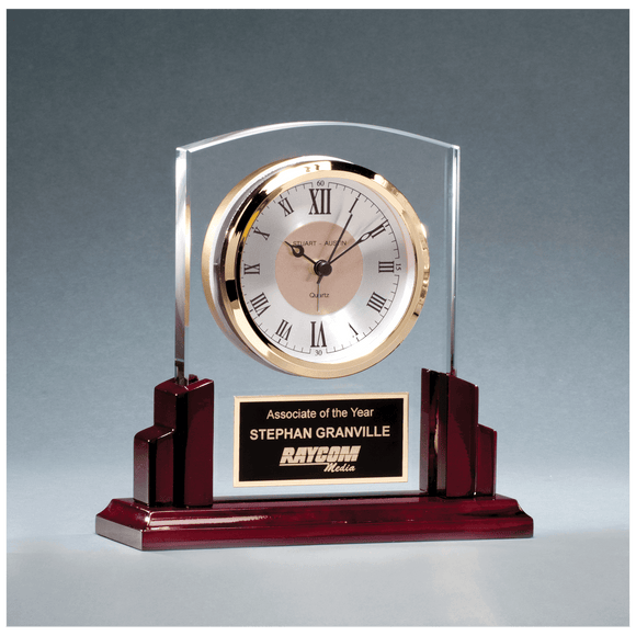 BC1028 - 6 5/8" x 6 1/2" Glass Clock with Rosewood High Gloss Base, Black Aluminum Plate