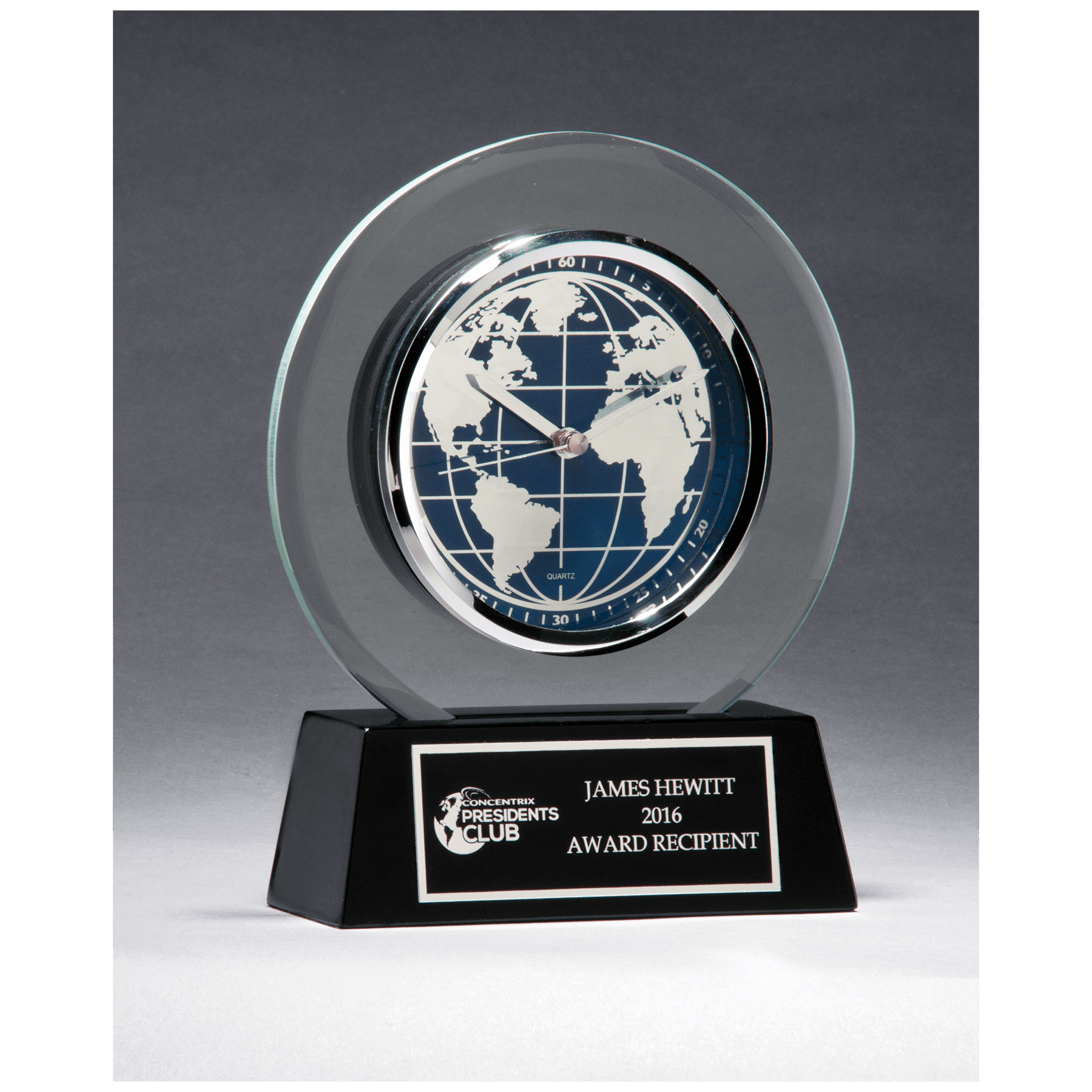 BC1039 - 7 1/4" x 8 3/4" Glass Clock with World Dial on Black High Gloss Base, Black Plate