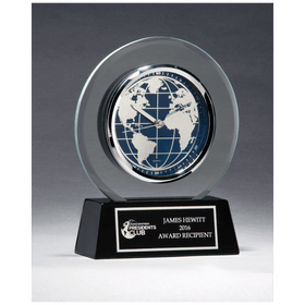 BC1039 - 7 1/4" x 8 3/4" Glass Clock with World Dial on Black High Gloss Base, Black Plate