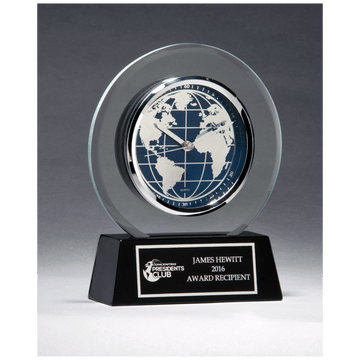 BC1039 - 7 1/4" x 8 3/4" Glass Clock with World Dial on Black High Gloss Base, Black Plate