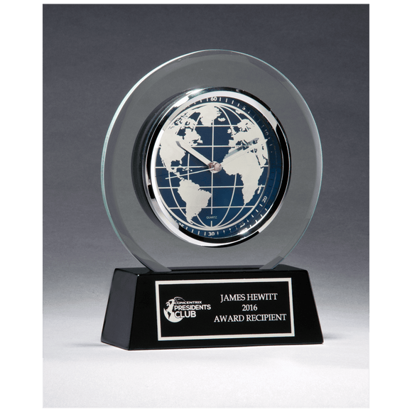 BC1039 - 7 1/4" x 8 3/4" Glass Clock with World Dial on Black High Gloss Base, Black Plate